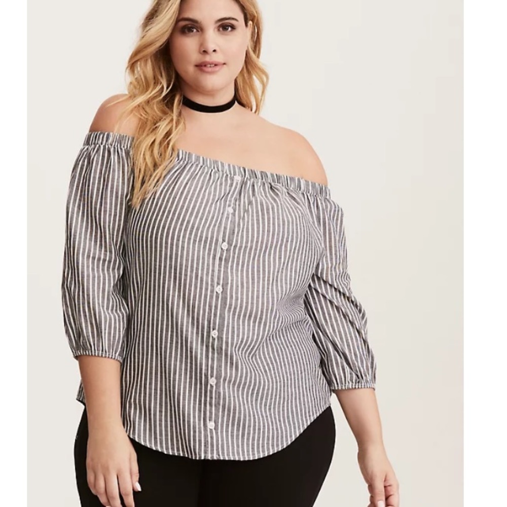 Torrid | STRIPED BUTTON FRONT OFF SHOULDER TOP